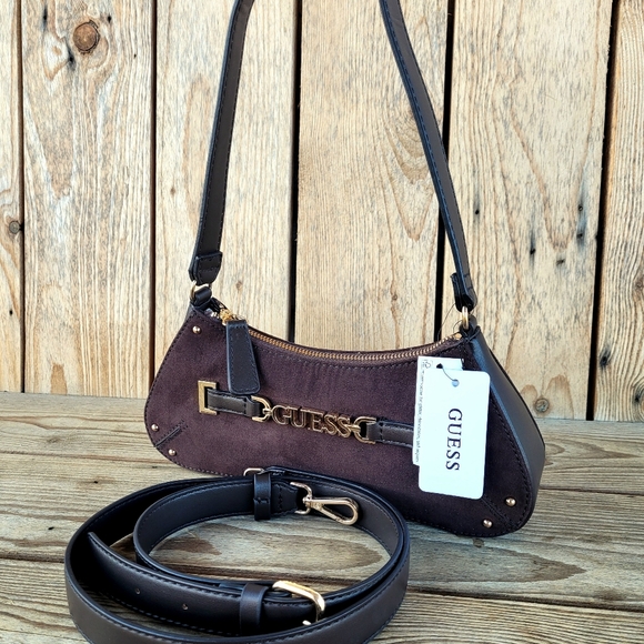 GUESS Suede Northlake Small Chocolate Tote With Crossbody Strap Handbag - Picture 3 of 8